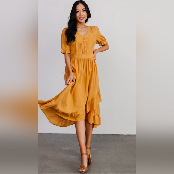 Baltic Born Cascading Ruffle Pleated Button Top Puff Sleeve Textured Front Midi - Picture 2 of 16